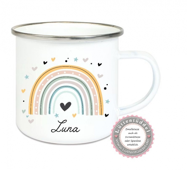 Emaillebecher Keramikbecher Regenbogen bunt personalisiert mit Name Kindergarten Geburt Taufe Kindergartenkind Einschulung Geburtstag von Lüttentüddel®